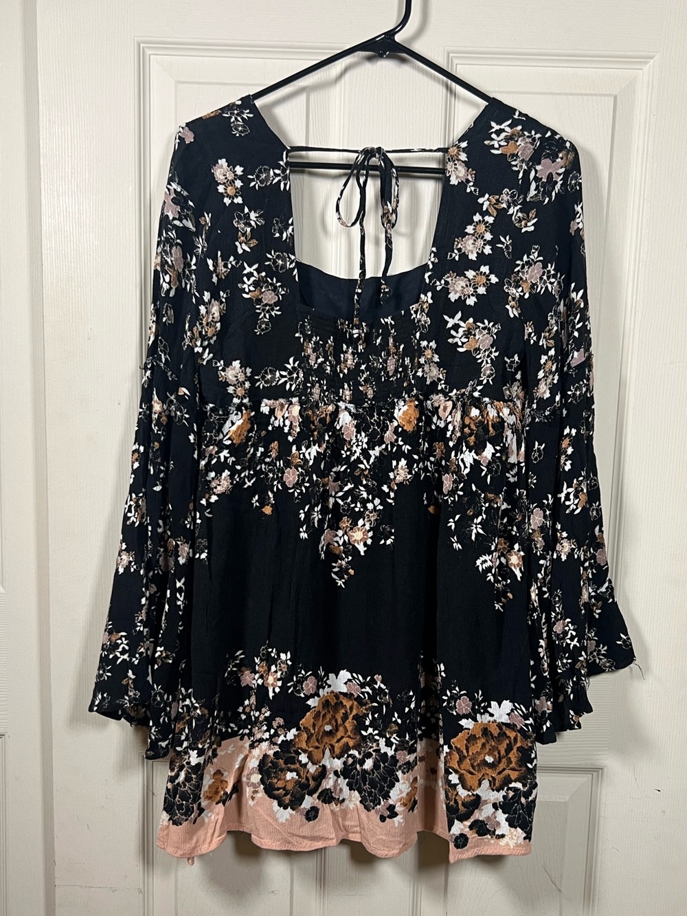 Free People Modern Chinoise Floral Tunic Mini Dress Black Boho Smocked Top M - Picture 4 of 7